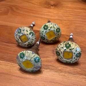 Anthropologie Green and Yellow Antiqued Metal Knobs Drawer Pulls